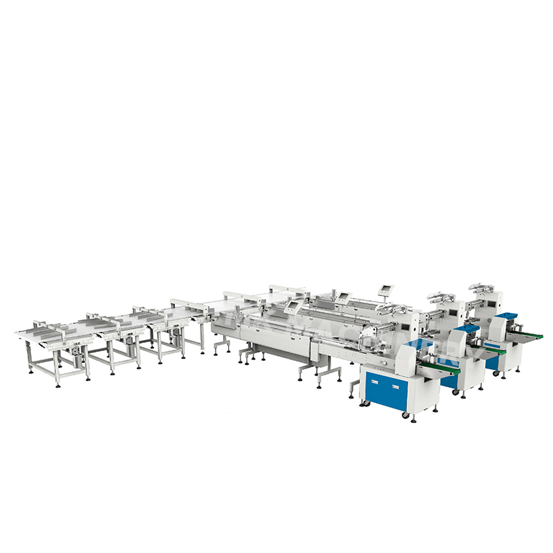 Fully automatic feeding food burger croissant bread pillow packing machine production line